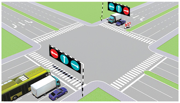 Câu 500: Theo tín hiệu đèn, xe nào được quyền đi là đúng quy tắc giao thông?