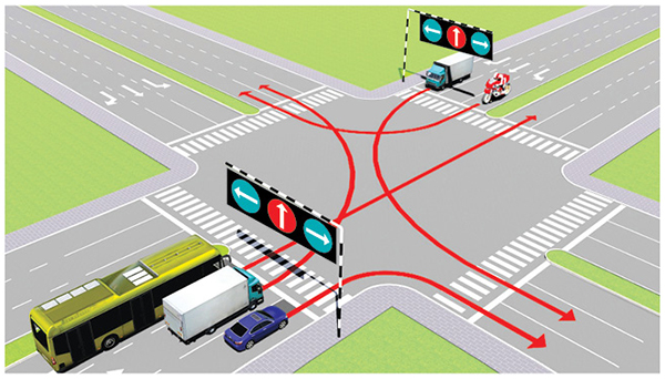 Câu 503: Các xe đi theo hướng mũi tên, xe nào vi phạm quy tắc giao thông?