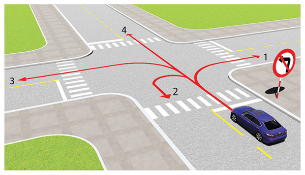 Câu 512: Theo hướng mũi tên, những hướng nào ô tô không được phép đi?