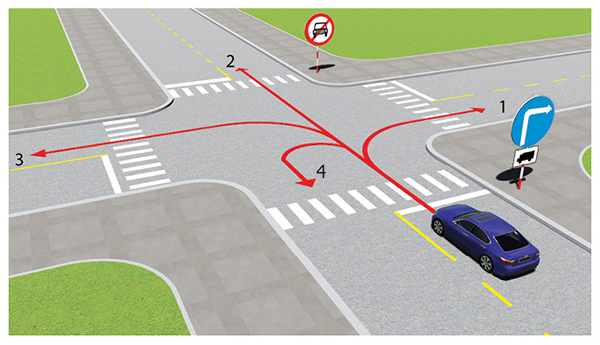 Câu 519: Theo hướng mũi tên, những hướng nào ô tô con được phép đi?