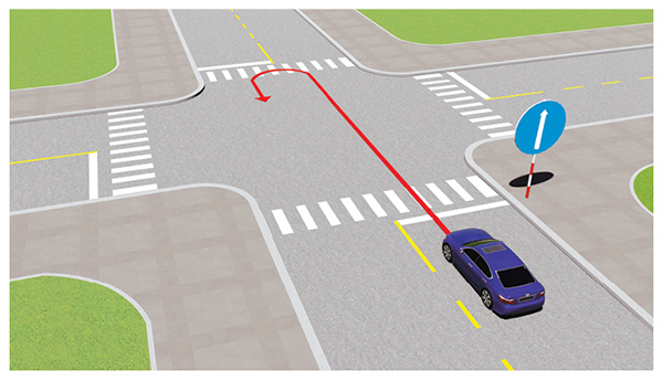 Câu 526: Ô tô con đi theo chiều mũi tên có vi phạm quy tắc giao thông không?