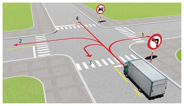 Câu 537: Những hướng nào ô tô tải được phép đi?