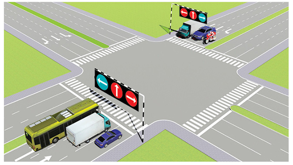 Câu 553: Theo tín hiệu đèn, xe nào phải dừng lại là đúng quy tắc giao thông?