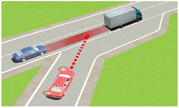 Câu 597: Trong tình huống dưới đây, xe con màu đỏ nhập làn đường cao tốc theo hướng mũi tên là đúng hay sai?
