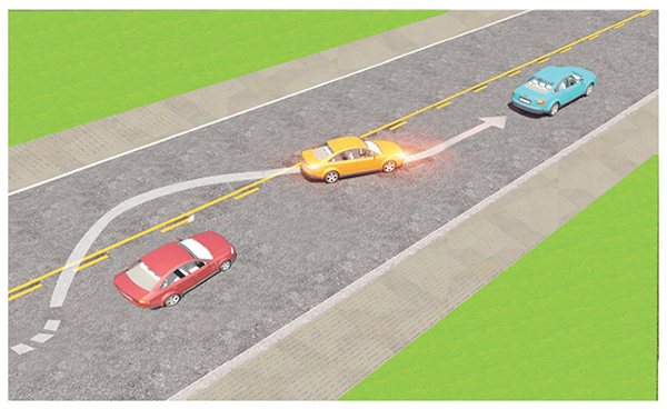 Câu 599: Trong tình huống dưới đây, xe con màu vàng vượt xe con màu đỏ là đúng quy tắc giao thông hay không?