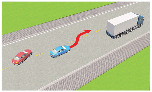 Câu 598: Trong tình huống dưới đây, xe con màu đỏ có được phép vượt khi xe con màu xanh đang vượt xe tải hay không?